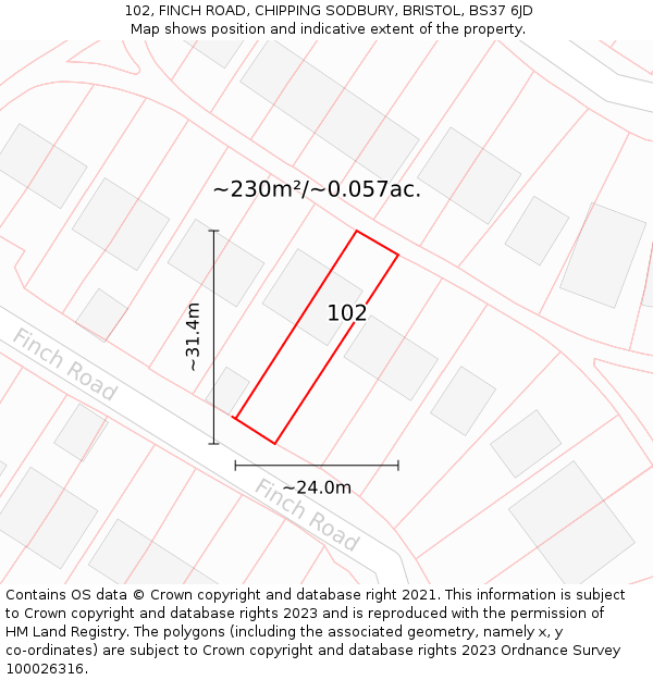 102, FINCH ROAD, CHIPPING SODBURY, BRISTOL, BS37 6JD: Plot and title map