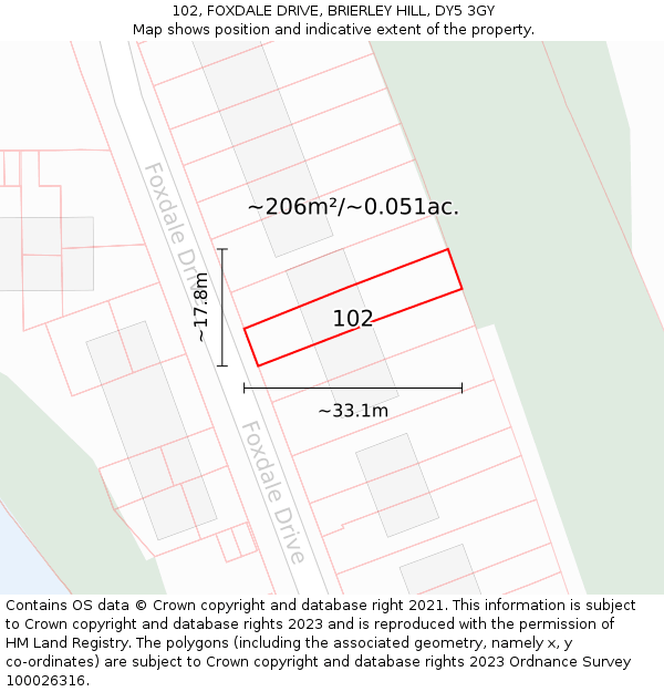 102, FOXDALE DRIVE, BRIERLEY HILL, DY5 3GY: Plot and title map