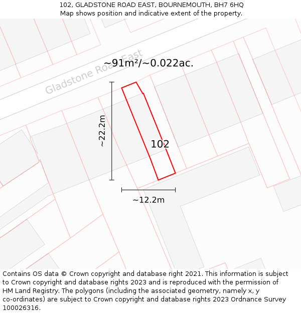 102, GLADSTONE ROAD EAST, BOURNEMOUTH, BH7 6HQ: Plot and title map