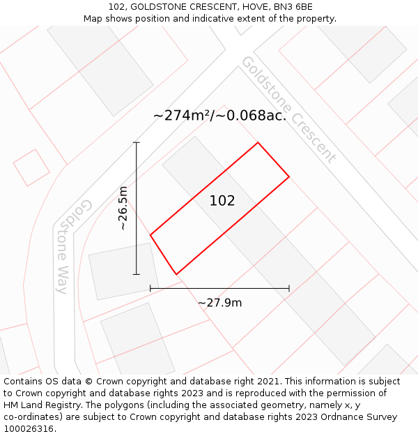 102, GOLDSTONE CRESCENT, HOVE, BN3 6BE: Plot and title map