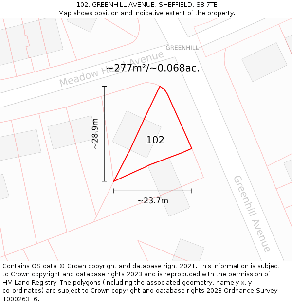 102, GREENHILL AVENUE, SHEFFIELD, S8 7TE: Plot and title map