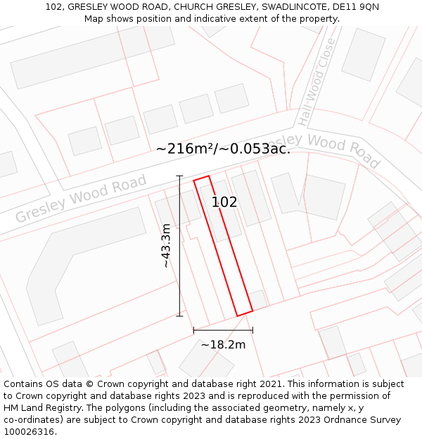 102, GRESLEY WOOD ROAD, CHURCH GRESLEY, SWADLINCOTE, DE11 9QN: Plot and title map