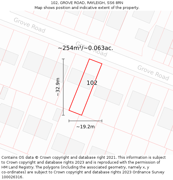 102, GROVE ROAD, RAYLEIGH, SS6 8RN: Plot and title map