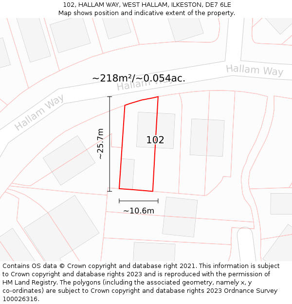 102, HALLAM WAY, WEST HALLAM, ILKESTON, DE7 6LE: Plot and title map