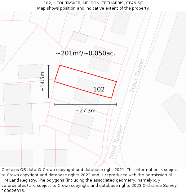 102, HEOL TASKER, NELSON, TREHARRIS, CF46 6JB: Plot and title map