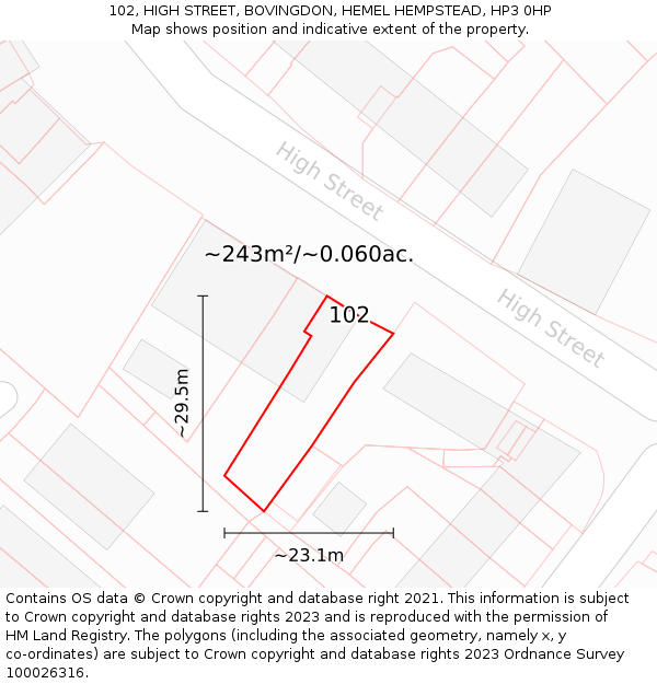 102, HIGH STREET, BOVINGDON, HEMEL HEMPSTEAD, HP3 0HP: Plot and title map