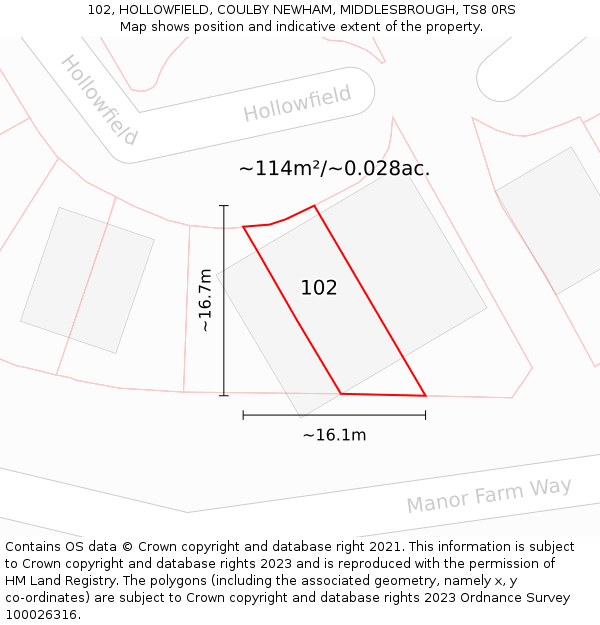 102, HOLLOWFIELD, COULBY NEWHAM, MIDDLESBROUGH, TS8 0RS: Plot and title map