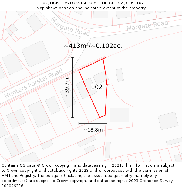 102, HUNTERS FORSTAL ROAD, HERNE BAY, CT6 7BG: Plot and title map