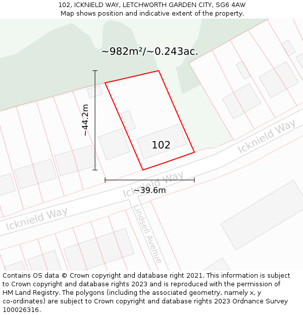 102, ICKNIELD WAY, LETCHWORTH GARDEN CITY, SG6 4AW: Plot and title map