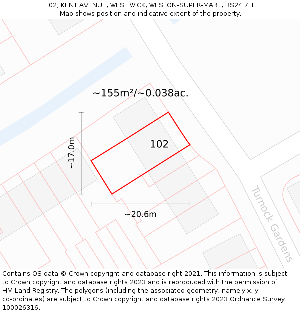 102, KENT AVENUE, WEST WICK, WESTON-SUPER-MARE, BS24 7FH: Plot and title map