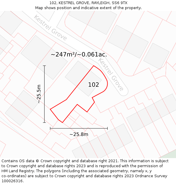 102, KESTREL GROVE, RAYLEIGH, SS6 9TX: Plot and title map