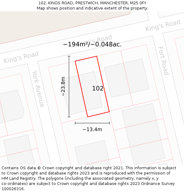 102, KINGS ROAD, PRESTWICH, MANCHESTER, M25 0FY: Plot and title map