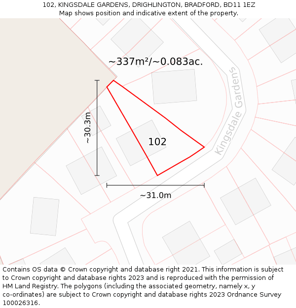 102, KINGSDALE GARDENS, DRIGHLINGTON, BRADFORD, BD11 1EZ: Plot and title map