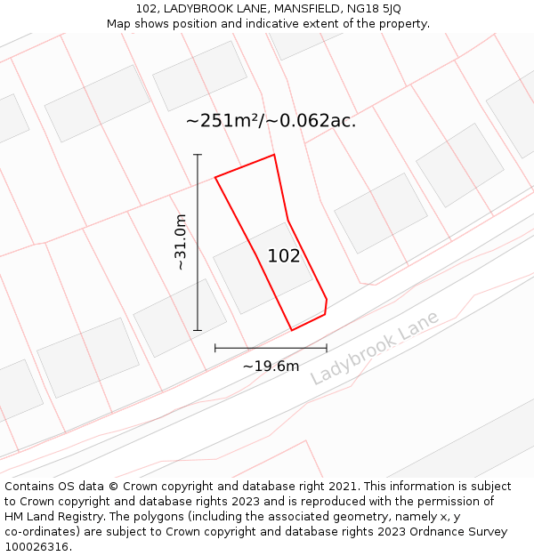 102, LADYBROOK LANE, MANSFIELD, NG18 5JQ: Plot and title map