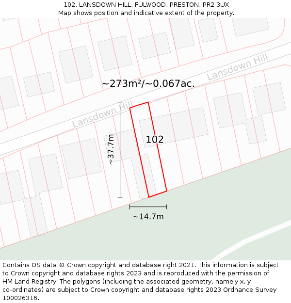 102, LANSDOWN HILL, FULWOOD, PRESTON, PR2 3UX: Plot and title map