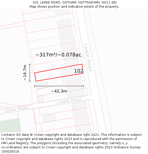 102, LEAKE ROAD, GOTHAM, NOTTINGHAM, NG11 0JN: Plot and title map