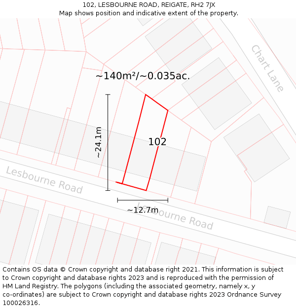 102, LESBOURNE ROAD, REIGATE, RH2 7JX: Plot and title map