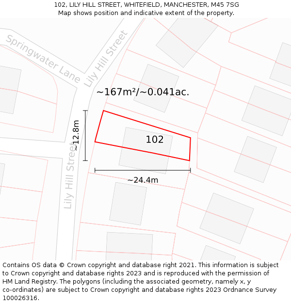 102, LILY HILL STREET, WHITEFIELD, MANCHESTER, M45 7SG: Plot and title map