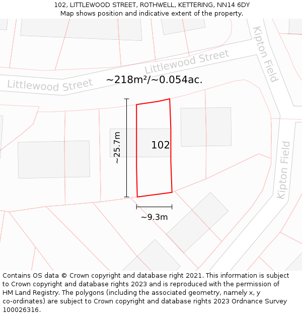 102, LITTLEWOOD STREET, ROTHWELL, KETTERING, NN14 6DY: Plot and title map