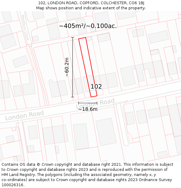 102, LONDON ROAD, COPFORD, COLCHESTER, CO6 1BJ: Plot and title map