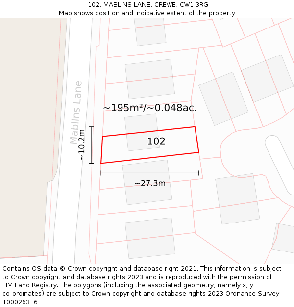 102, MABLINS LANE, CREWE, CW1 3RG: Plot and title map