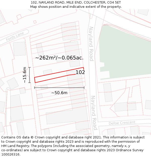 102, NAYLAND ROAD, MILE END, COLCHESTER, CO4 5ET: Plot and title map