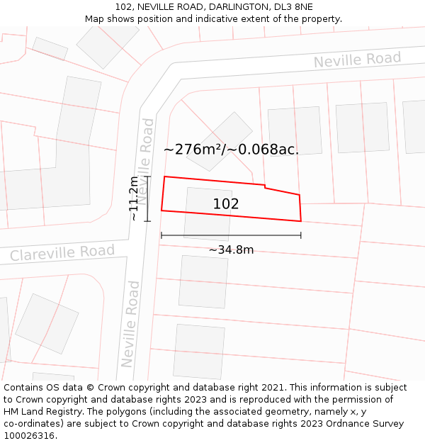 102, NEVILLE ROAD, DARLINGTON, DL3 8NE: Plot and title map