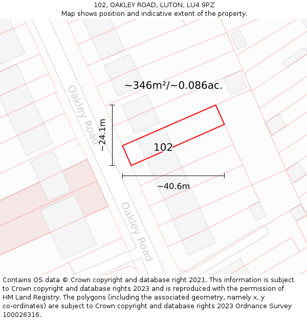 102, OAKLEY ROAD, LUTON, LU4 9PZ: Plot and title map