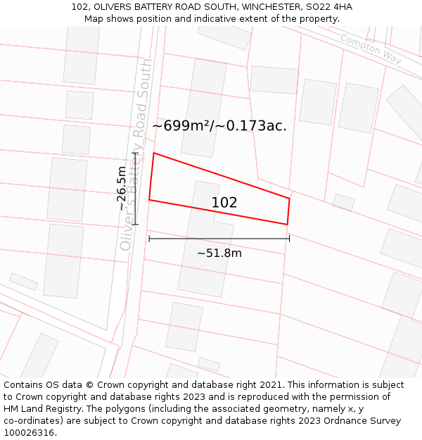 102, OLIVERS BATTERY ROAD SOUTH, WINCHESTER, SO22 4HA: Plot and title map