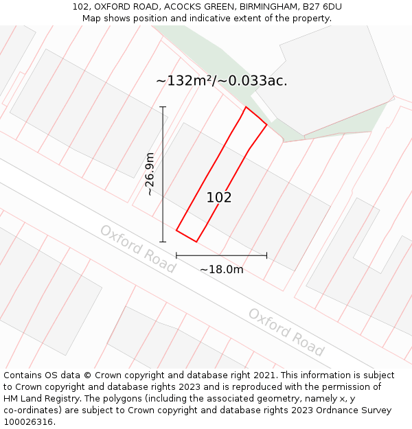 102, OXFORD ROAD, ACOCKS GREEN, BIRMINGHAM, B27 6DU: Plot and title map