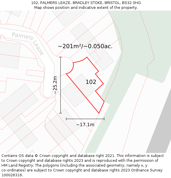 102, PALMERS LEAZE, BRADLEY STOKE, BRISTOL, BS32 0HG: Plot and title map