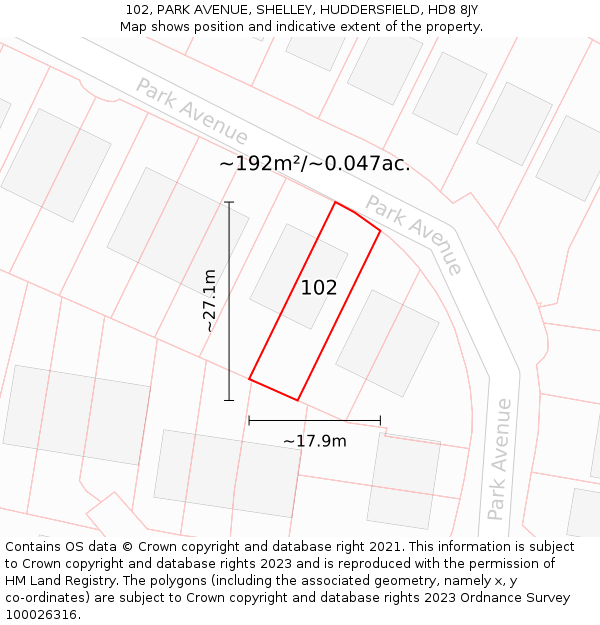 102, PARK AVENUE, SHELLEY, HUDDERSFIELD, HD8 8JY: Plot and title map