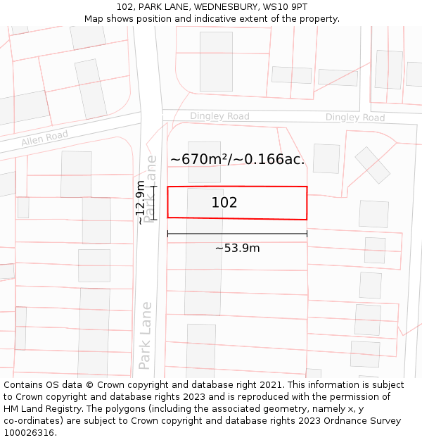 102, PARK LANE, WEDNESBURY, WS10 9PT: Plot and title map