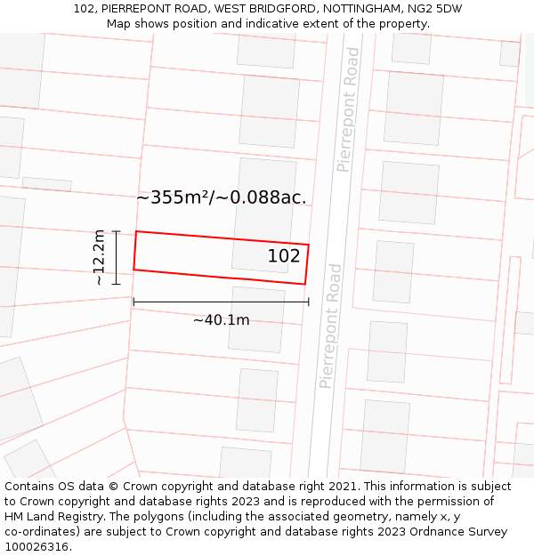 102, PIERREPONT ROAD, WEST BRIDGFORD, NOTTINGHAM, NG2 5DW: Plot and title map