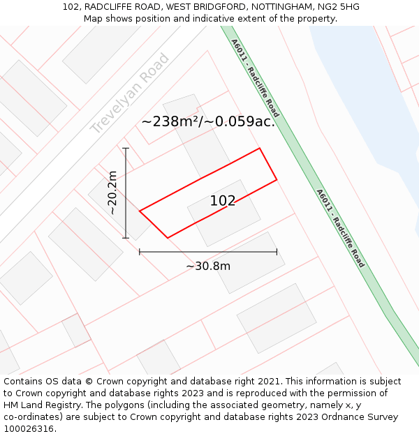 102, RADCLIFFE ROAD, WEST BRIDGFORD, NOTTINGHAM, NG2 5HG: Plot and title map