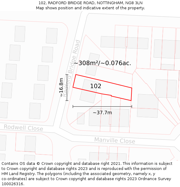 102, RADFORD BRIDGE ROAD, NOTTINGHAM, NG8 3LN: Plot and title map