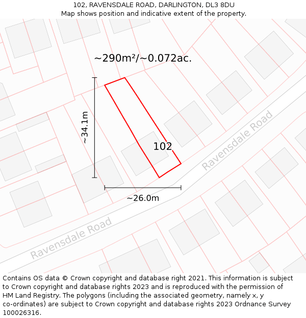 102, RAVENSDALE ROAD, DARLINGTON, DL3 8DU: Plot and title map