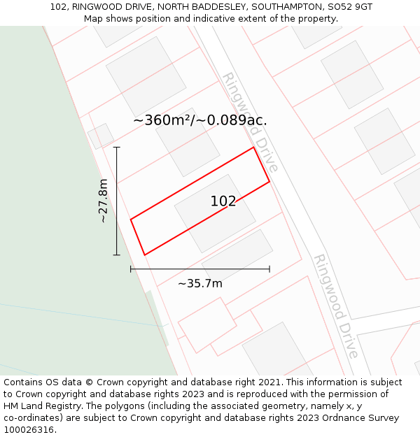 102, RINGWOOD DRIVE, NORTH BADDESLEY, SOUTHAMPTON, SO52 9GT: Plot and title map