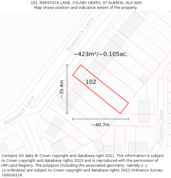 102, ROESTOCK LANE, COLNEY HEATH, ST ALBANS, AL4 0QN: Plot and title map