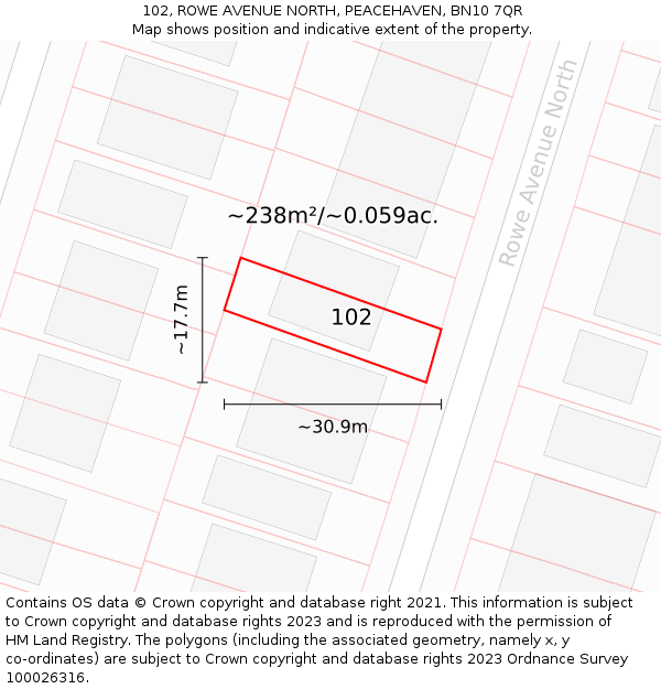 102, ROWE AVENUE NORTH, PEACEHAVEN, BN10 7QR: Plot and title map