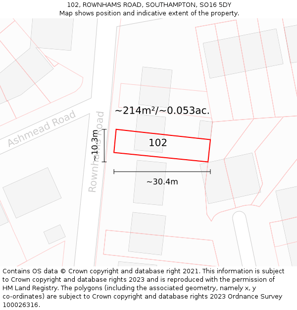 102, ROWNHAMS ROAD, SOUTHAMPTON, SO16 5DY: Plot and title map