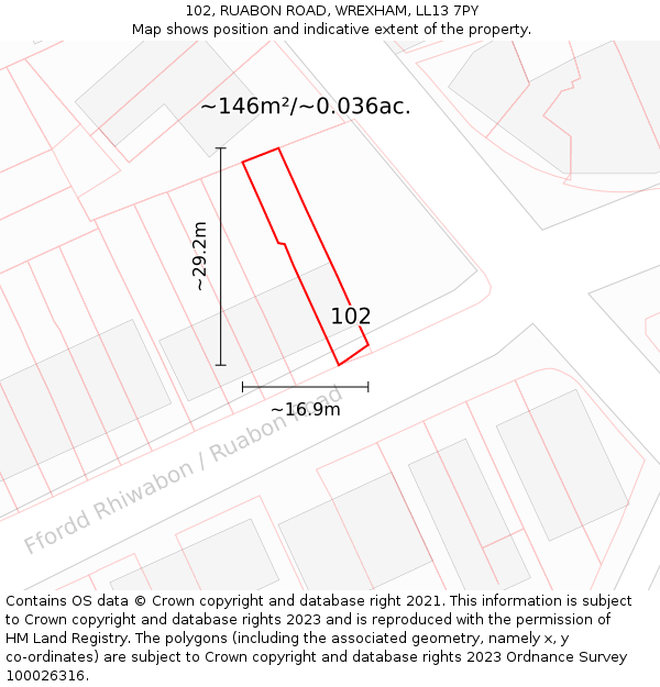 102, RUABON ROAD, WREXHAM, LL13 7PY: Plot and title map