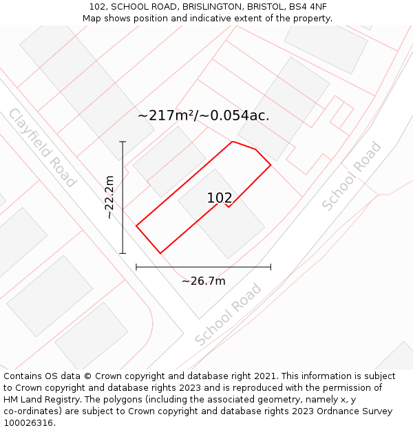 102, SCHOOL ROAD, BRISLINGTON, BRISTOL, BS4 4NF: Plot and title map