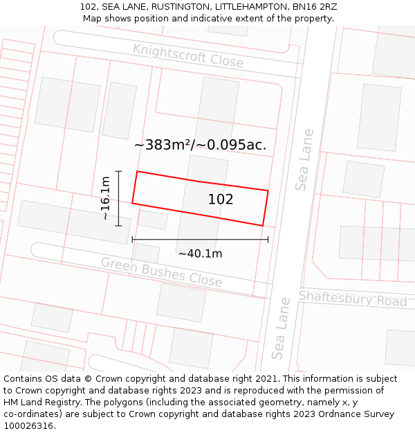 102, SEA LANE, RUSTINGTON, LITTLEHAMPTON, BN16 2RZ: Plot and title map