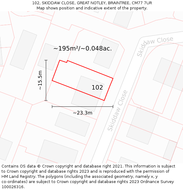 102, SKIDDAW CLOSE, GREAT NOTLEY, BRAINTREE, CM77 7UR: Plot and title map