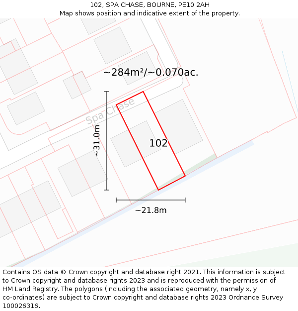 102, SPA CHASE, BOURNE, PE10 2AH: Plot and title map