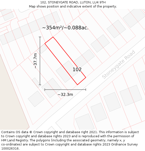 102, STONEYGATE ROAD, LUTON, LU4 9TH: Plot and title map