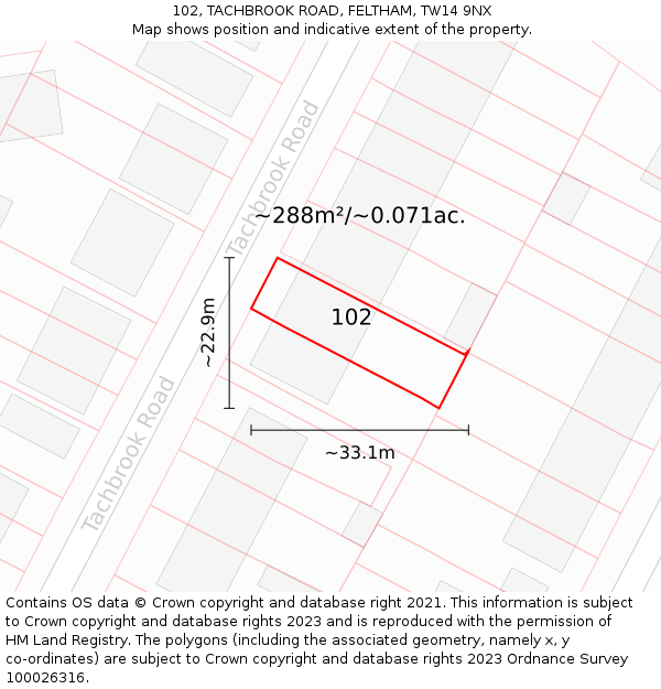 102, TACHBROOK ROAD, FELTHAM, TW14 9NX: Plot and title map