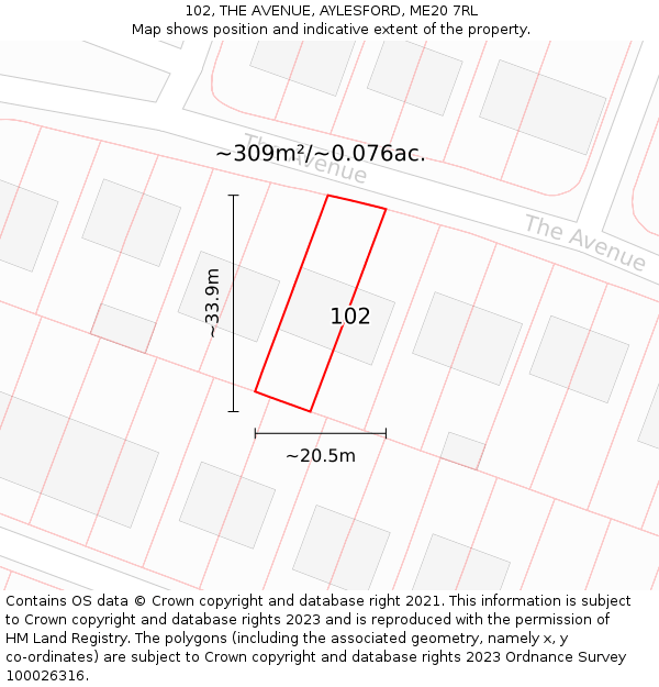 102, THE AVENUE, AYLESFORD, ME20 7RL: Plot and title map