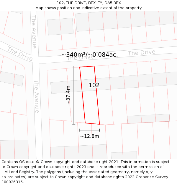 102, THE DRIVE, BEXLEY, DA5 3BX: Plot and title map